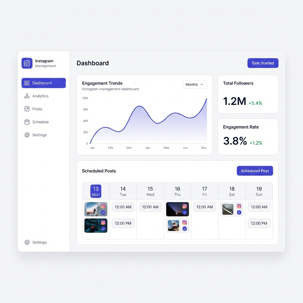 Instagrow Instagram automation and analytics dashboard showing post scheduler, comment moderation, and growth analytics