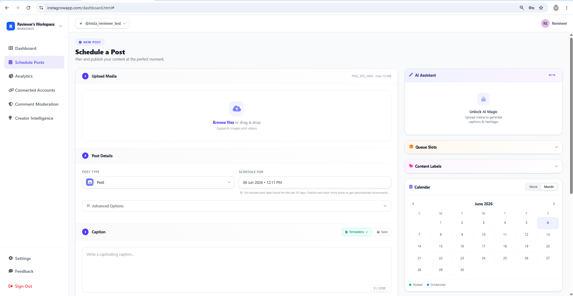 InstaGrow Schedule a Post editor — the full scheduling dashboard showing Upload Media, Post Type, date picker, Caption, AI Assistant and Calendar